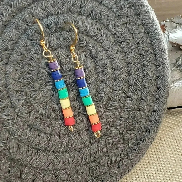 Rainbow LGBTQ Chakras Yoga Pride Beads Hand Crafted Gold Plated Earrings - Picture 4 of 10